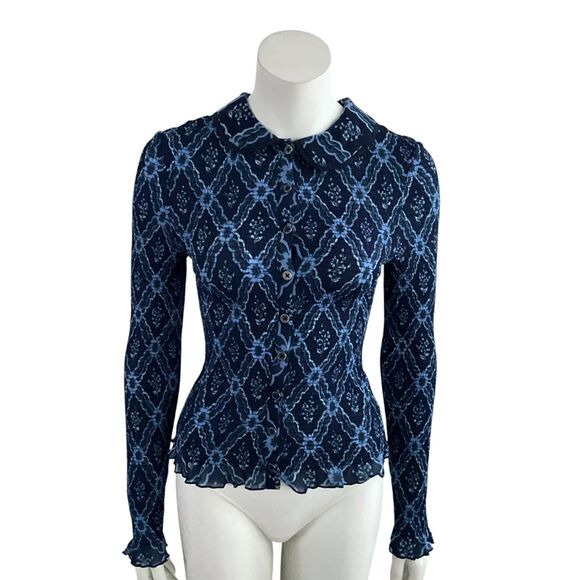 Free People Blouse Blue caught A Feeling Cardi Smocked Long Sleeve XS - Picture 3 of 9